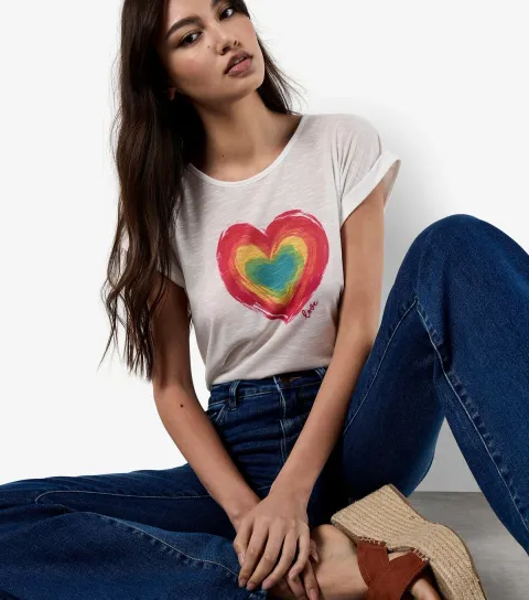 White Heart Print Slubbed T-Shirt