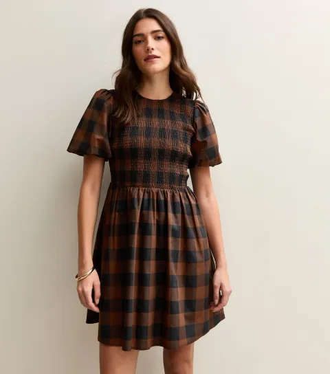 Brown Check Shirred Bodice Mini Dress