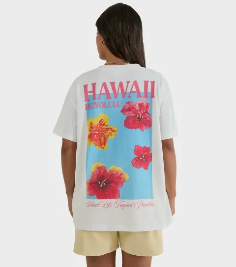White Cotton Hawaii Print Oversized T-Shirt