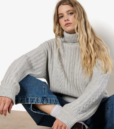 Light Grey Cable Knit Roll Neck Jumper