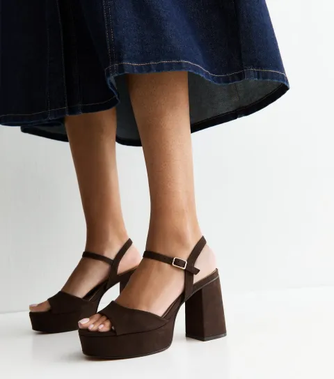Brown Faux Suede Platform Block Heel Sandals Vegan