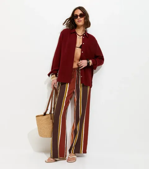 Brown Striped Drawstring Wide Leg Trousers