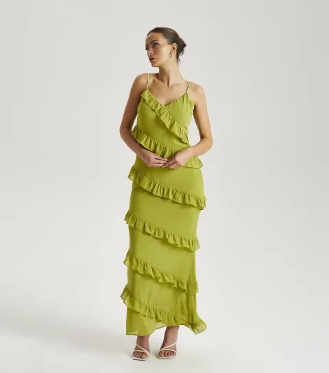 Green Ruffle Tiered Maxi Dress