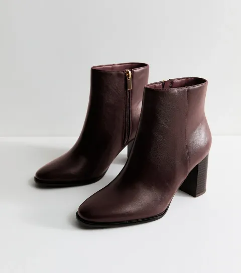 Dark Burgundy Faux Leather Block Heel Ankle Boots Vegan