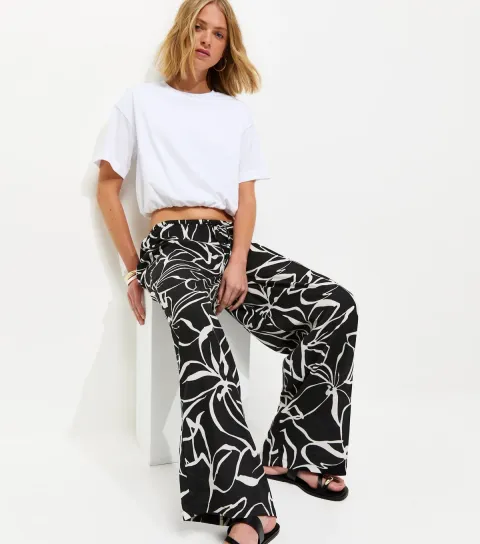 Black Crepe Sketch Floral Wide Leg Trousers
