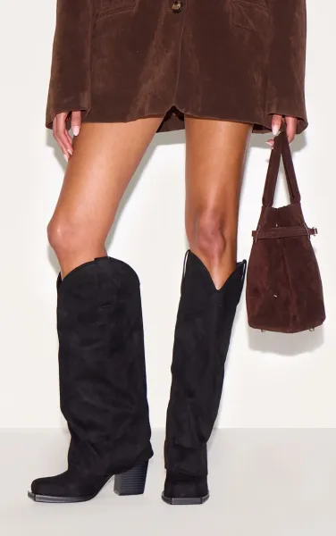 Black Suede Square Toe Fold Over Knee High Block Heel Western Boots