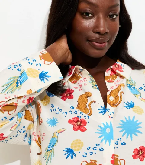 Plus Size Cream Animal and Flower Print Shirt Curves