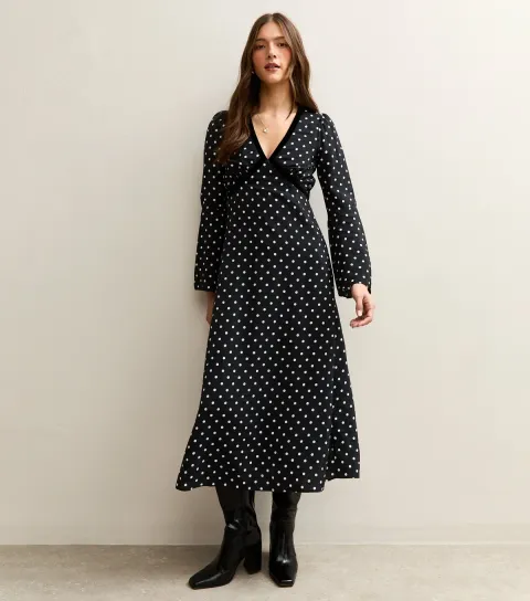 Black Polka Dot Flared Sleeve Velvet Detail Midi Dress