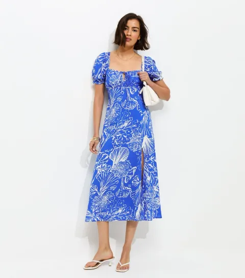 Blue Sketchy Coral Print Slit Hem Midi Dress