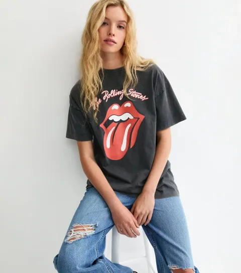 Dark Grey Rolling Stones Lips Print Oversized T-Shirt