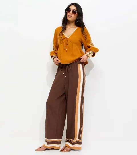 Brown Border Stripe Wide Leg Trousers