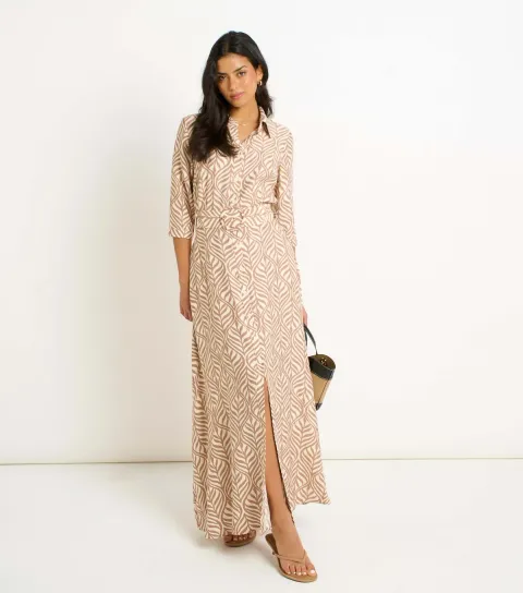 Cream Leaf Pattern Shirt Maxi Dress