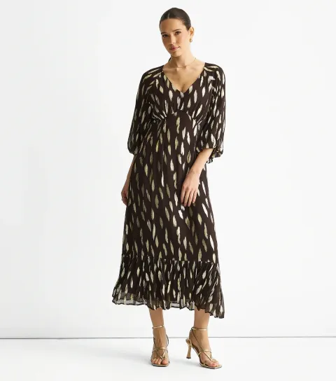 Black Patterned Gathered Hem Midi Dress