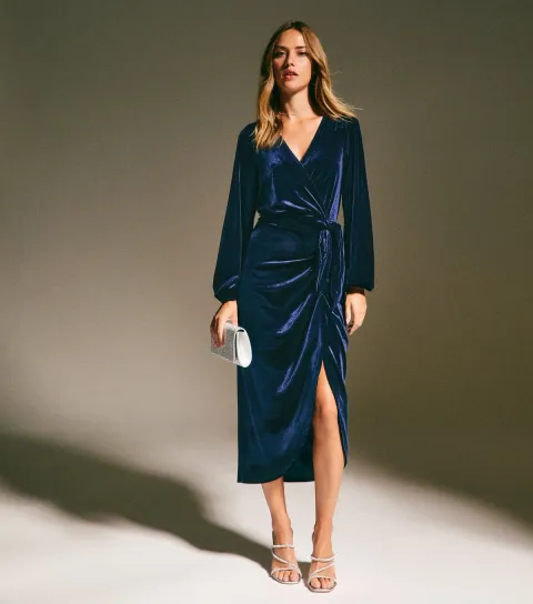 Navy Velvet Long Sleeve Wrap Midi Dress