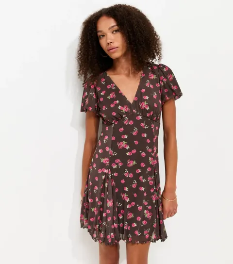Brown Floral Print V-Neck Mesh Mini Dress