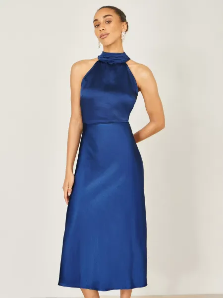 Yumi Halterneck Satin Midi Dress