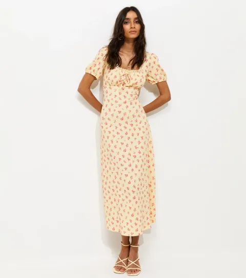 Yellow Crinkle Texture Floral Print Milkmaid Midi Dress