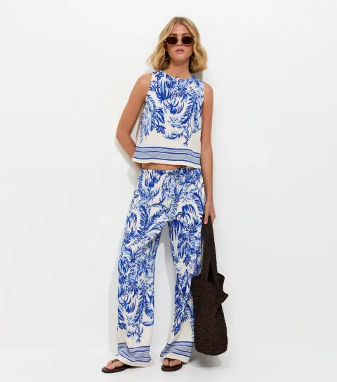 Blue Palm Tree Print Wide Leg Trousers