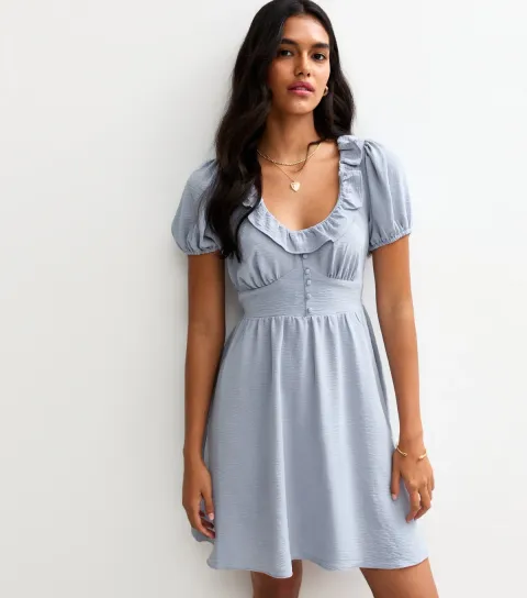 Blue Ruffle Trim Puff Sleeve Mini Dress
