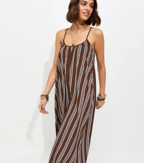 Brown Stripe Crepe Cami Strap Maxi Dress