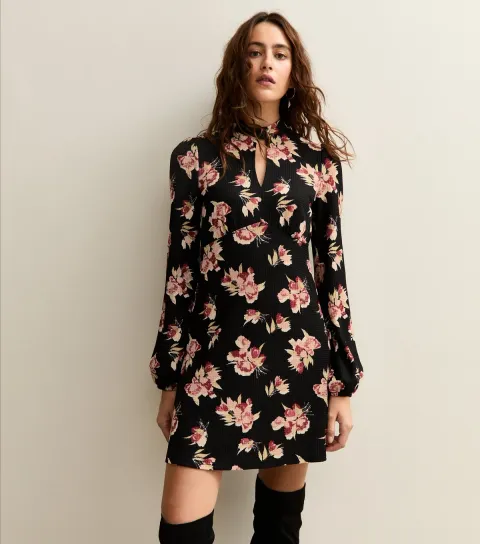 Black Floral Keyhole Mini Dress