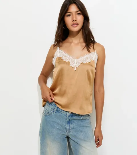 Light Mink Satin Lace Trim V-Neck Cami Top