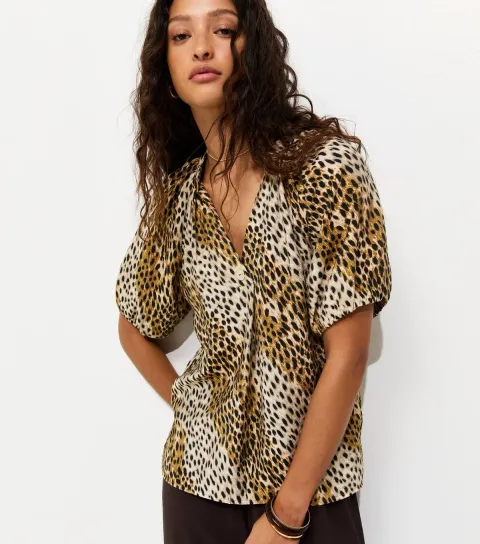 Brown Animal Print Puff Sleeve Blouse