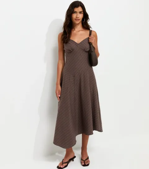 Dark Brown Cotton Rich Asymmetric Hem V-Neck Midi Dress