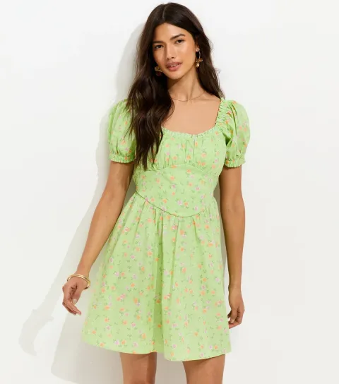 Light Green Cotton Floral Print Milkmaid Mini Dress