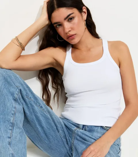White Cotton Rich Ribbed Skinny Racer Neck Vest Top