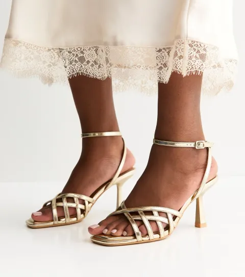 Gold Faux Leather Cage Stiletto Sandals Vegan