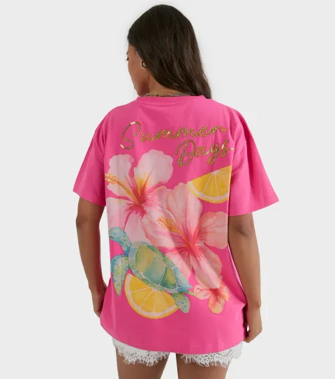 Bright Pink Cotton Summer Days Oversized T-Shirt
