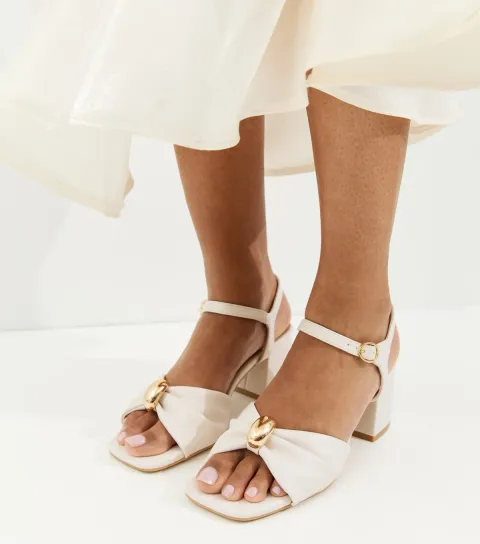 Wide Fit Off White Faux Leather Metal Ring Block Heel Sandals Vegan