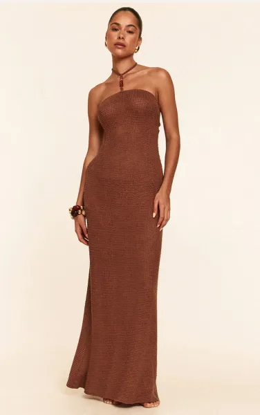 Mocha Crochet Bead Trim Halter Neck Maxi Beach Dress