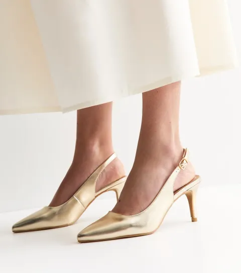 Gold Faux Leather Slingback Stiletto Court Shoes Vegan