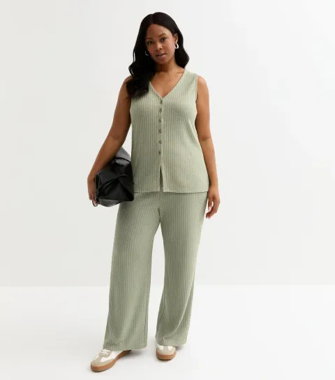 Plus Size Light Khaki Ribbed Wide Leg Trousers Curves