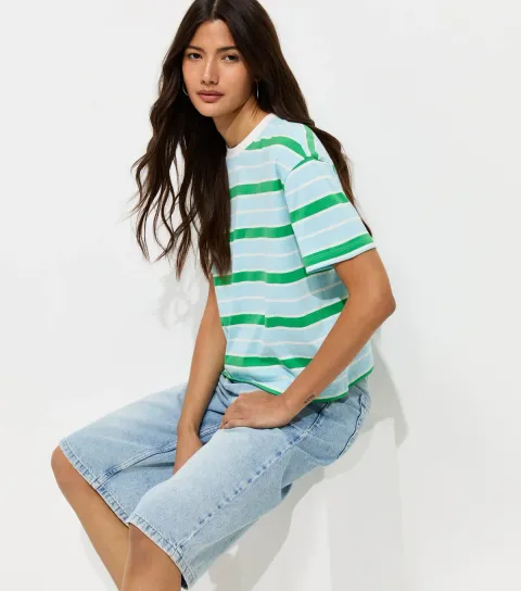 Blue Cotton Striped Boxy T-Shirt
