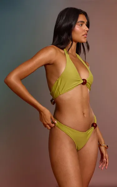 Olive Resin Ball Trim Tanga Bikini Bottoms