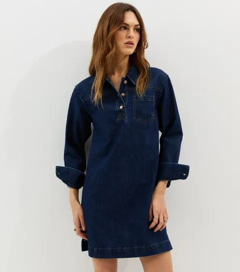 Blue Denim Long Sleeve Mini Shirt Dress