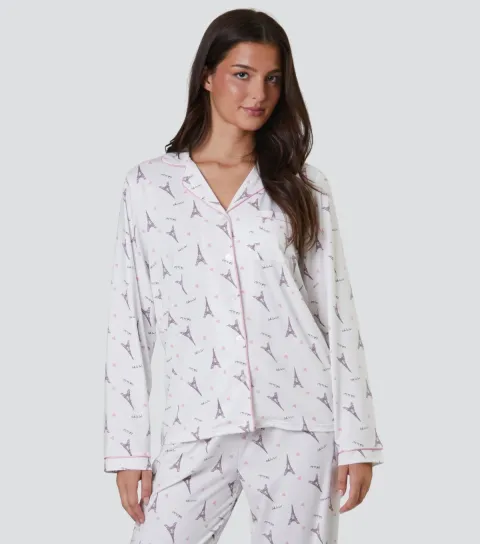 White Paris Ooh Lala Print Long Sleeve Top and Trousers Pyjama Set