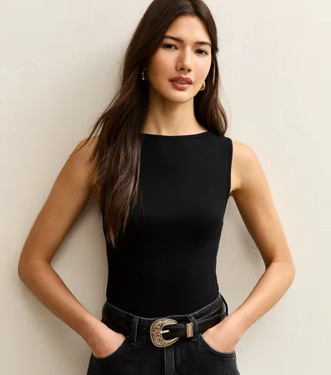 Black Sleeveless Slash Neck Bodysuit