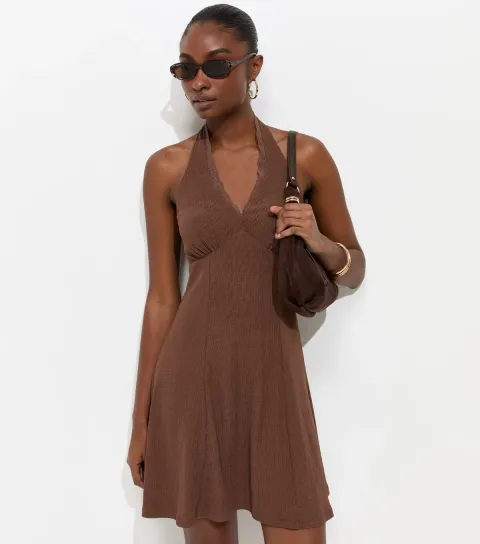 Dark Brown Lace Trim Halter Neck Mini Dress