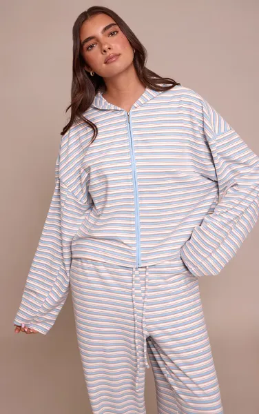 Light Blue Striped Soft Fleece Zip Up Hoodie
