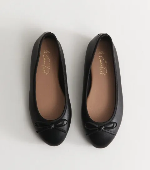 Extra Wide Fit Black Faux Leather Ballet Flats Vegan