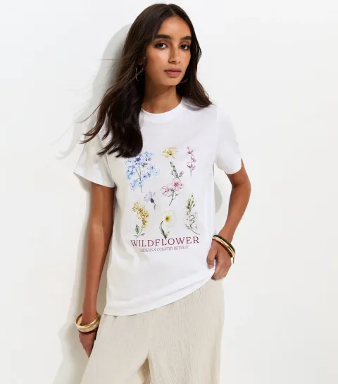 White Cotton Wildflower Print T-Shirt