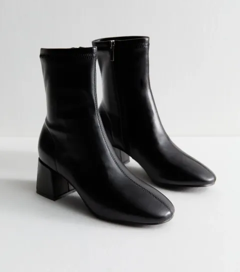 Black Faux Leather Block Heel Ankle Boots Vegan