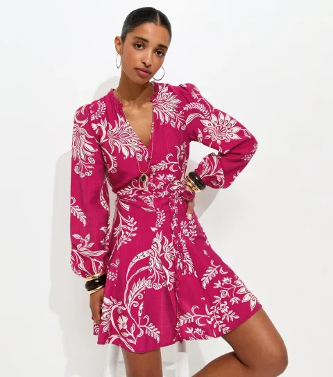 Red Floral Print Godet Skirt Flippy Mini Dress