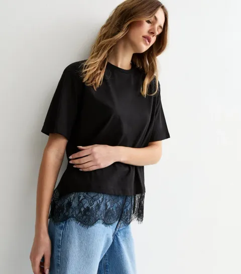 Black Lace Hem Boxy T-Shirt