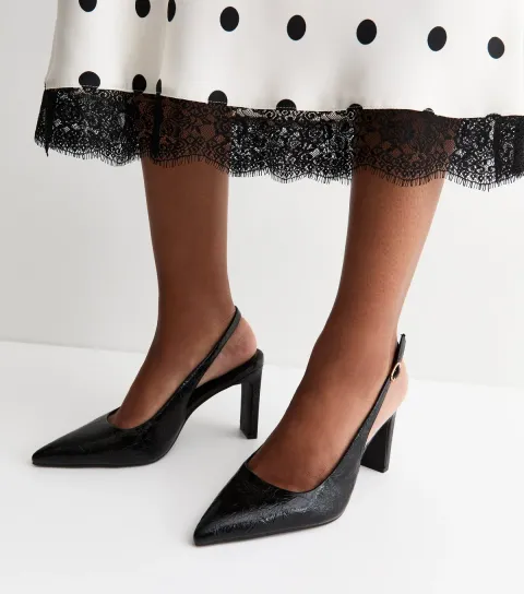 Black Patent Crinkled Faux Leather Slingback Court Shoes Vegan