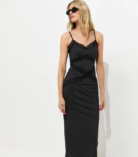 Tall Black Lace Trim Mesh Midi Dress
